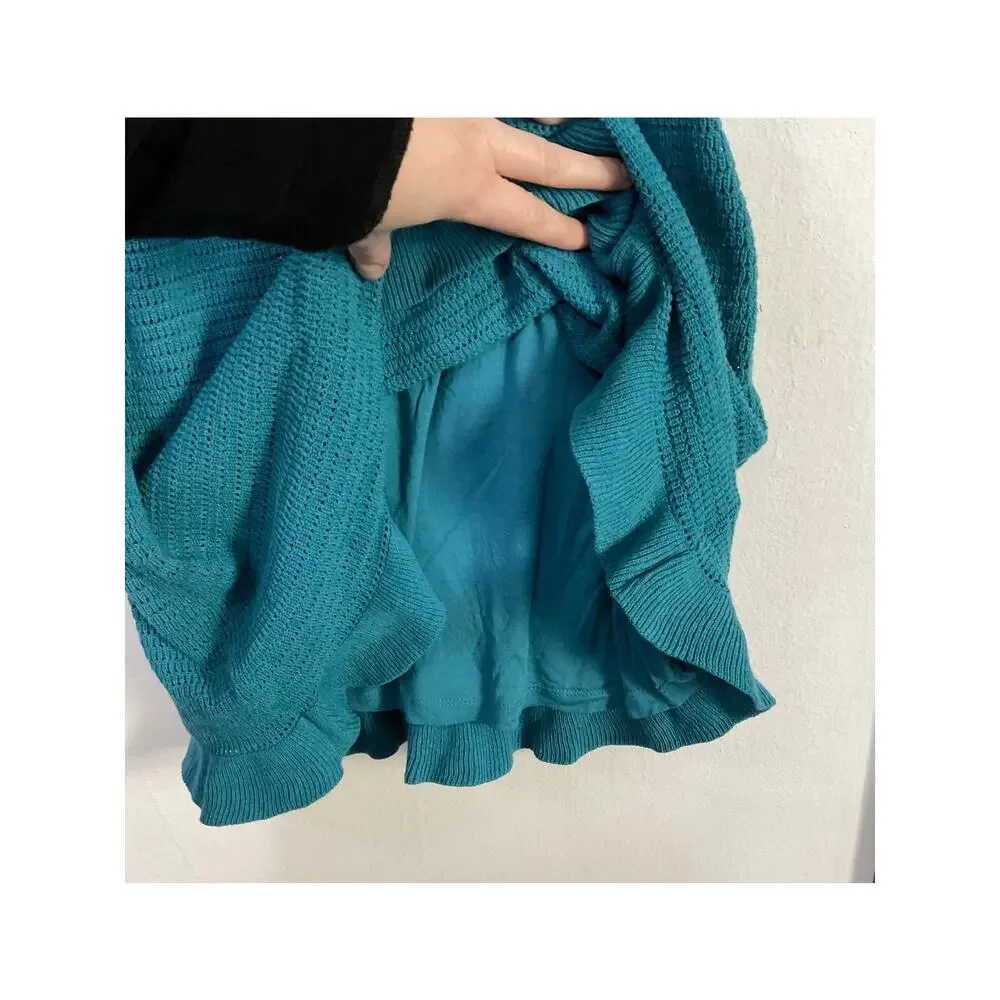 Anthropologie Ruffled Pointelle Knit Mini Dress Square Neck Blue Medium - Picture 7 of 9